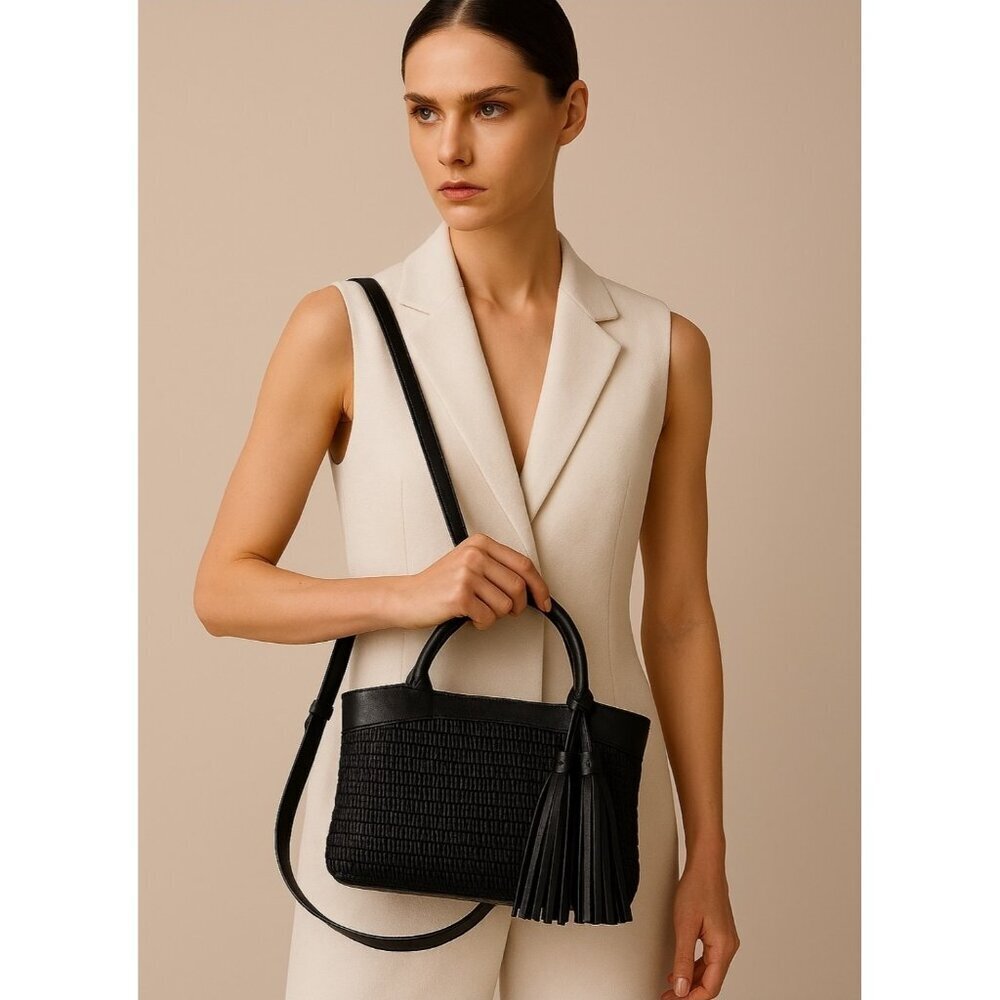 Carner Hill Woven Handbag Leather Trim Tassel Accent Shoulder Purse Structur